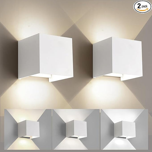 Outdoor Wall Sconces & Indoor Wall Light,Matte White Wall Sconces Set of Two,3-Color-Temperature Adjustable and Adjustable Beam,Waterproof & Rust-Resistant,4.72-Inch,20W Square Wall Lamp(2 Pack)