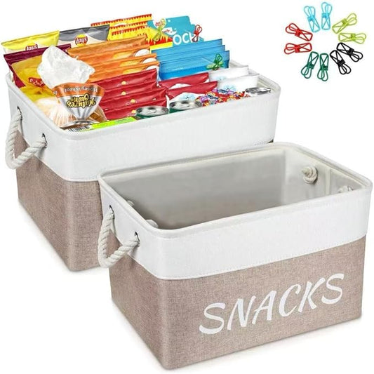 2 Pack Snack Organizer for Pantry,Decorative Snack Basket with 20 Pcs Chip Clips, Collapsible Snack Organizer for Countertop, Pantry Shelf, Office, Kitchen and More