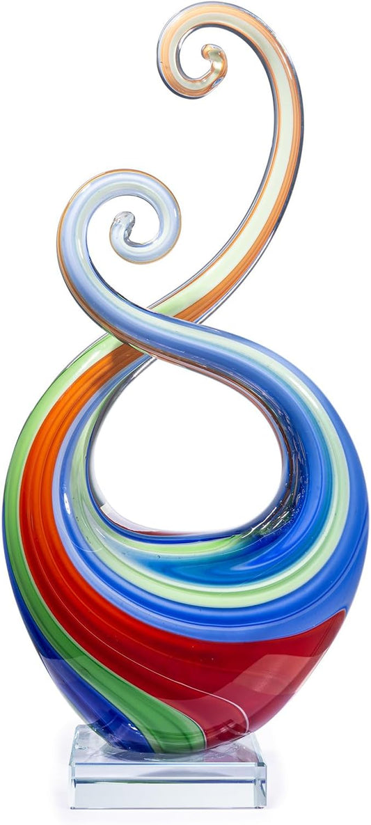 14″ Hand Blown Art Glass Sculpture with Fluid Design and Clear Square Base - Weatherproof Indoor & Outdoor Use Decor - Abstract Glass Art Piece