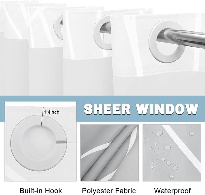 No Hook Ombre Light Grey Striped Shower Curtain with Snap in Liner Set - Hotel Shower Curtain and Liner Set with See Through Mesh Top Window,Machine Washable, 71x74 INCH