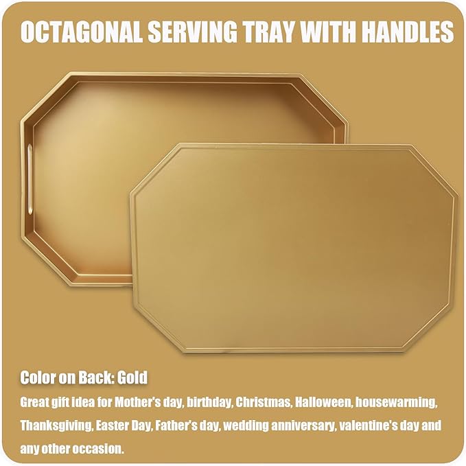 Gold Octagonal Serving Tray with Handles for Coffee Table, Plastic Decorative Tray for Ottoman, Kitchen Counter, Living Room, Outdoor Lacquer Tray for Entertaining