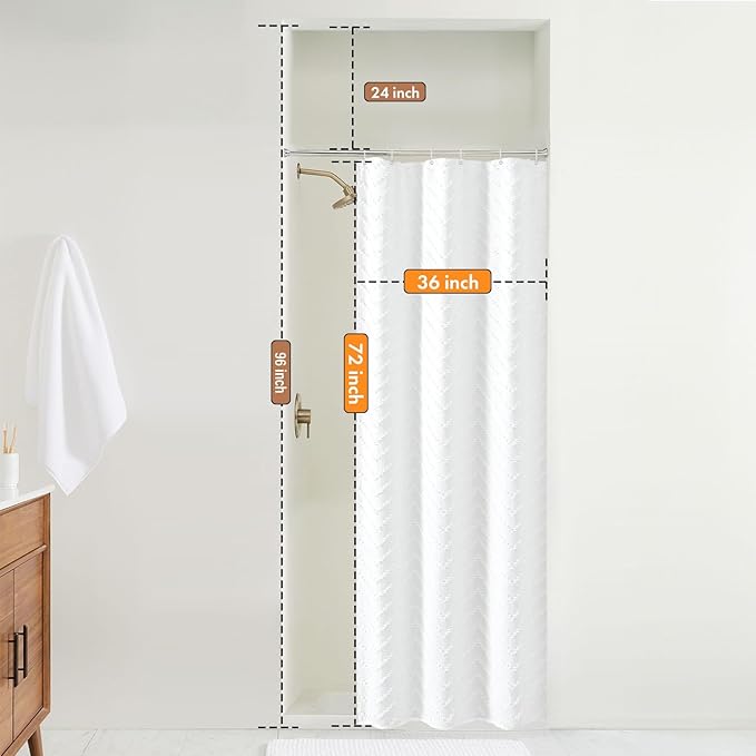 Small Stall White Boho Fabric Shower Curtain, 36x72 Half Size, Textured Tufted Chevron Striped Minimalist Cloth Bathroom Shower Curtain