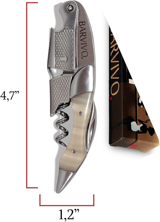 Barvivo Wine Opener with Foil Cutter and Cap Remover - Double Hinged Corkscrew for Bartenders - Stainless Steel Wine Key for Easy Bottle Opening - Manual Wine Bottle Opener - White Resin, 4.7x1.2-Inch