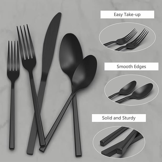 Cubic Matte Black 20-Piece Silverware Set, Forged Stainless Steel Flatware, Matte Finish Modern Cutlery Set, Service for 4, Dishwasher Safe