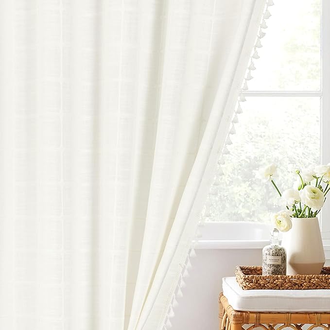 MitoVilla Modern Farmhouse Shower Curtain Set, Off White Boho Cloth Shower Curtains for Country Bathroom Decor, Ivory Vintage Rustic Thick Linen Fabric Shower Curtain with Tassel, 72 x 72
