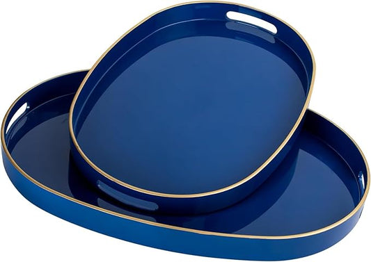 MAONAME Blue Serving Trays with Handles, Oval Decorative Tray for Coffee Table, Nesting Trays Set of 2, Plastic Vanity Tray for Ottoman, Living Room