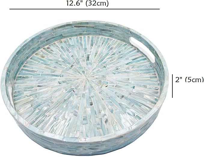 PEMAR 12.6” Mother of Pearl Round Serving Tray with Handles, Decorative Nacred Wooden Ottoman Coffee Table Tray (Teal Sunlight)