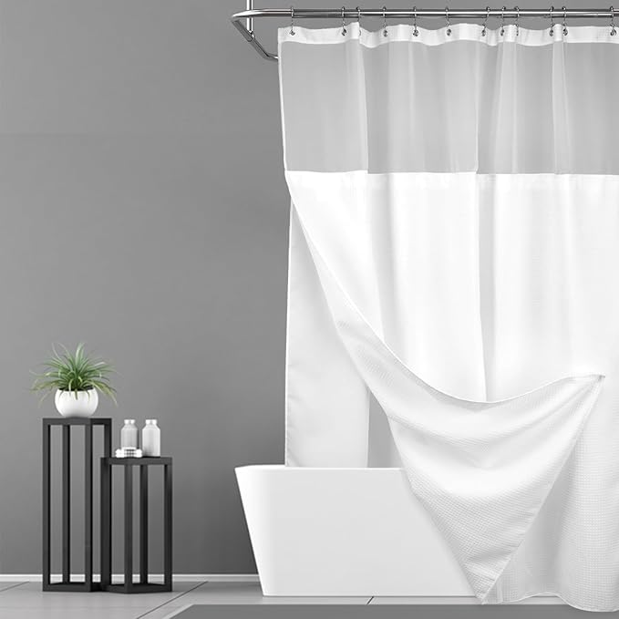 N&Y HOME 60 Inch Waffle Weave Shower Curtain with Snap-in Fabric Liner & 12 Metal Hooks Set - 60" x 72" Shower Stall Size, Hotel Style & Mesh Top Window, Machine Washable - White, 60x72