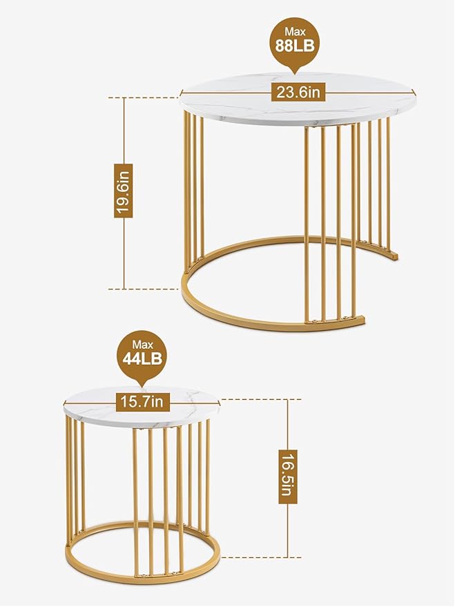 Nesting Coffee Table Set of 2, Round Table, Morden End Side Table Night Stand for Bedroom Dining Room (Marble White)
