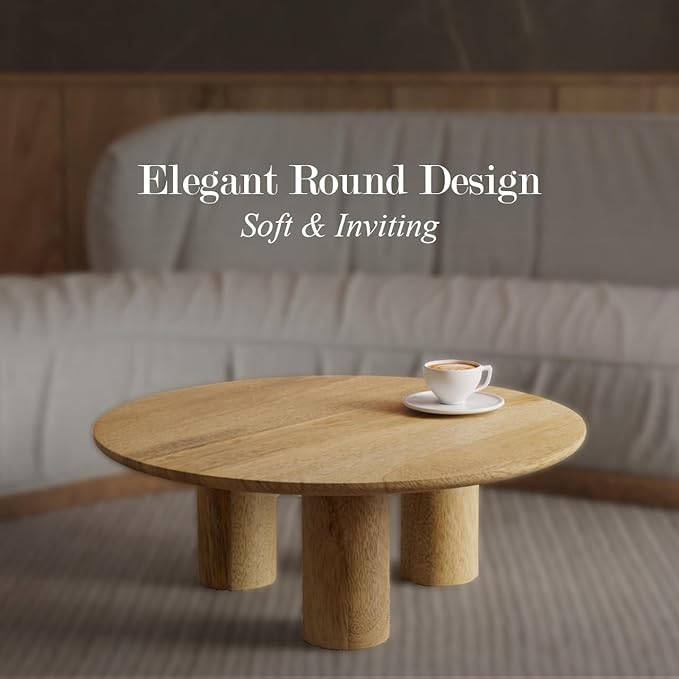 Relso Gaia Round Coffee Table, Natural Mango Wood Coffee Table with Wood Grain and Sturdy Finish | Perfect for Living Room and Farm House - Sturdy, Durable, Ideal for Patio Decor (Natural, 14 inch)