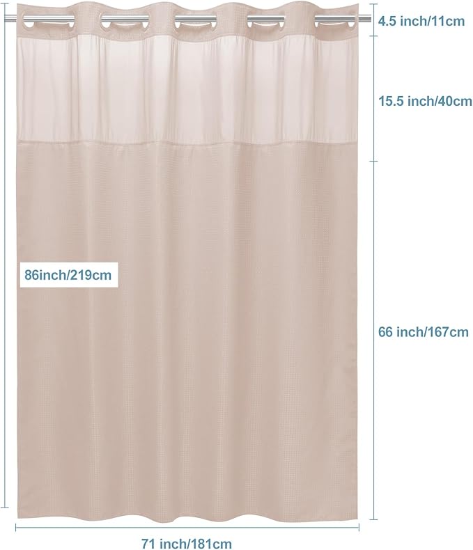 Blush Pink Long No Hook Shower Curtain with Snap in Liner,230GSM Waffle Weave Shower Curtains for Bathroom,71W x 86H