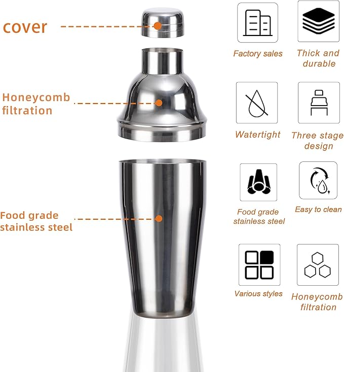 6 Piece 18oz Professional Cocktail Shaker Set with Built-in Strainer,Martini and Margarita Shaker for Home Bar, Boston Bartending Kit Gift for Beginners (530ml/18oz)