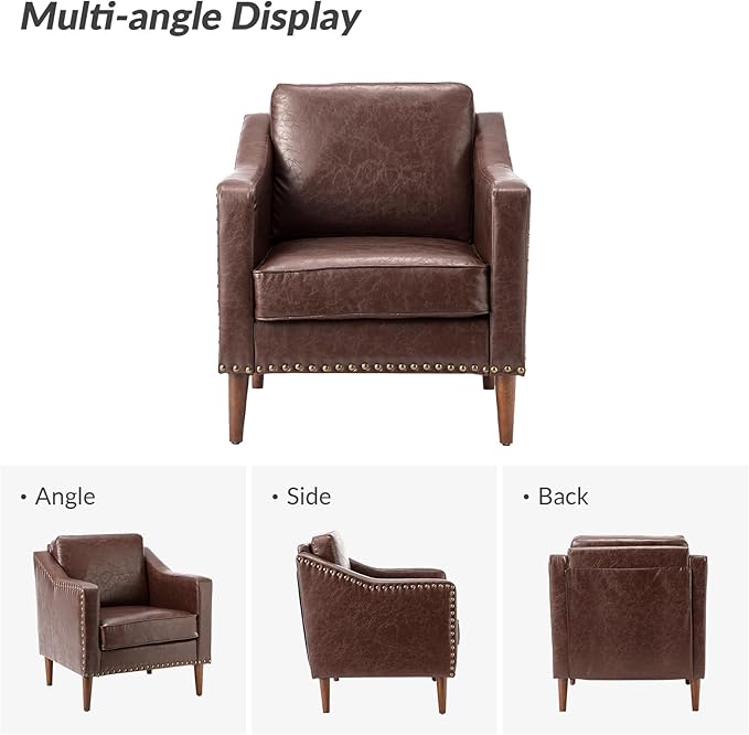 HULALA HOME Faux Leather Accent Armchairs Set of 2 with Back & Seat Cushions, Traditional Club Chairs with Nailhead Trim, Comfy Upholstered Sofa Chairs for Living Room Bedroom, Brown