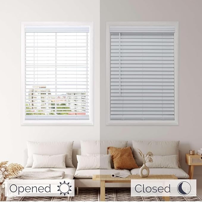 Blinds House Solution, Customizable Faux Wood Horizontal Cordless Window Blinds - 2 Inch Slats - White, Outside or Inside Mount, Cordless Faux Wood Blinds-Custom Window Blinds