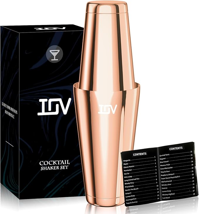 IOV Boston Cocktail Shaker Set, 18oz & 28oz Stainless Steel Weighted Shaker Tins, Metal Martini Drink Mixer for Bartending, Professional Bar Tools with Cocktail Recipe Guide, Rose Gold