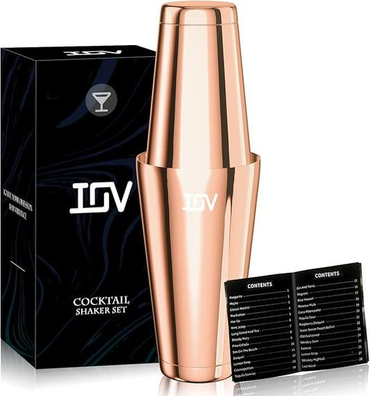 IOV Boston Cocktail Shaker Set, 18oz & 28oz Stainless Steel Weighted Shaker Tins, Metal Martini Drink Mixer for Bartending, Professional Bar Tools with Cocktail Recipe Guide, Rose Gold