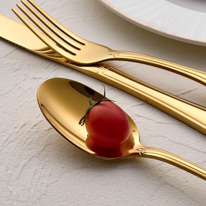 Gold Flatware Set for 4, Stainless Steel Silverware, 20-Piece Cutlery with Shell Design Pattern, Fork Spoon Knife Set, Dishwasher Safe