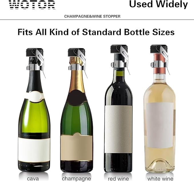 WOTOR Champagne&Wine Bottle Stoppers Stainless Steel with Food Grade Silicone, Leak Proof Keep Fresh Reusable Saver, Cork Suitable for Wine, Champagne, Cava, Prosecco and Sparkling (6 Pack Silver）