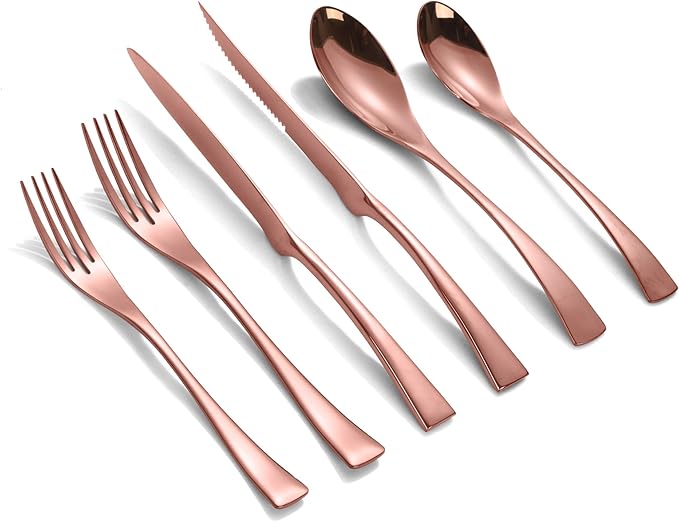 Lemeya 24-Piece Rose Gold Silverware Set with Steak Knives,Forged 18/10 Stainless Steel Cutlery Set for 4,Modern Heavy Duty Flatware Utensils Set,Forks Spoons and Knives Set,Dishwasher Safe
