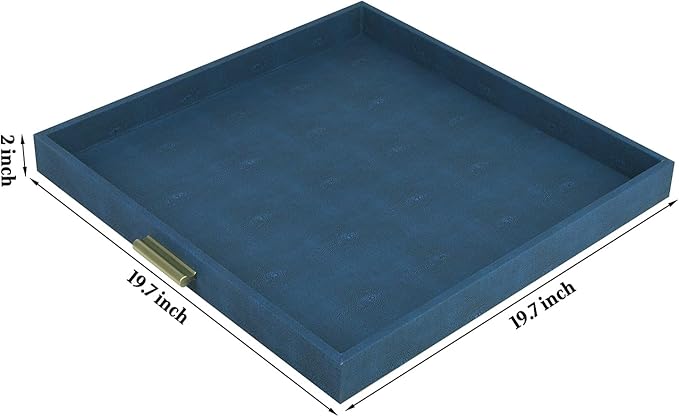 HofferRuffer Elegant Decorative Serving Tray, 20"x20" Square Faux Leather Ottoman Tray with Gold Hardware Handles, Coffee Table Serve Tea, Coffee or Breakfast (Navy Blue)