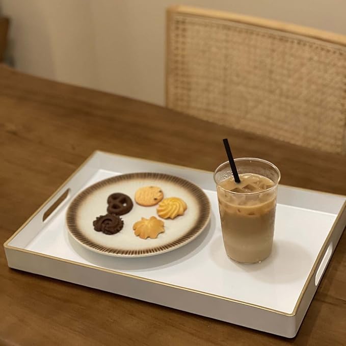 Zosenley Decorative Tray, Rectangular Plastic Tray with Handles, Modern Vanity Tray and Serving Tray for Bathroom, Kitchen, Ottoman and Coffee Table, 15.6” x 10.2” (White)