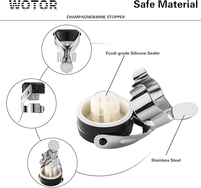WOTOR Champagne&Wine Bottle Stoppers Stainless Steel with Food Grade Silicone, Leak Proof Keep Fresh Reusable Saver, Cork Suitable for Wine, Champagne, Cava, Prosecco and Sparkling (6 Pack Silver）
