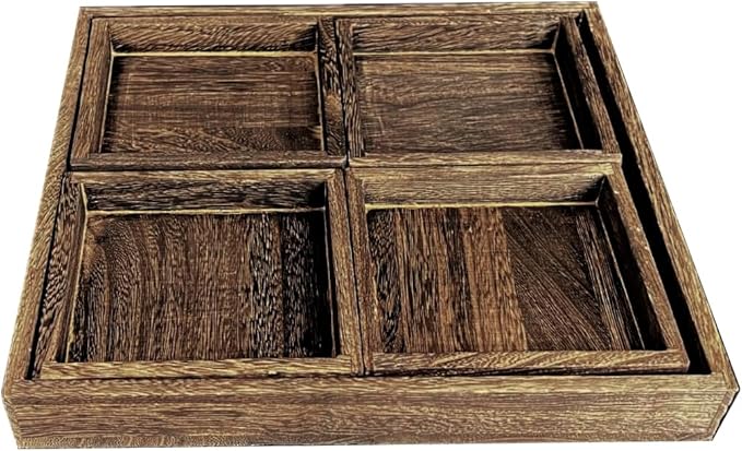 Rustic Wooden Serving Trays with Handle, Serving Platters, Charcuterie Board Set of 5 Nesting Food Trays for Serving Food, Home Decor/Breakfast/Coffee Table/Butler/Ottoman/Bed Tray