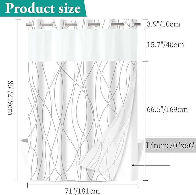 No Hook Grey Shadow Striped Long Shower Curtain with Snap in Fabric Liner Set - Hotel Shower Curtain and Liner Set with See Through Mesh Top Window,Machine Washable, 71x86 INCH