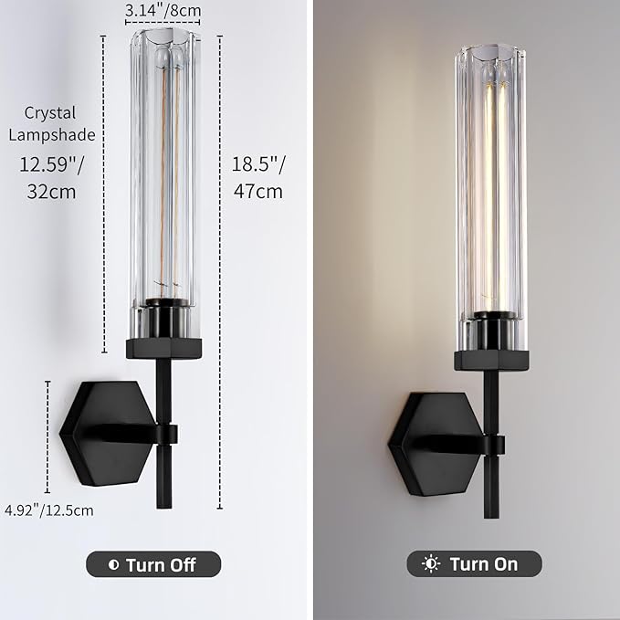 Crystal BathroomVanity Wall Sconces Set of Two Black Modern Bathroom Wall Sconces,12.59in Crystal Vanity Lights Fixture,Indoor Sconces Wall Lighting For Bedroom,Hallway,Staircase,Living room