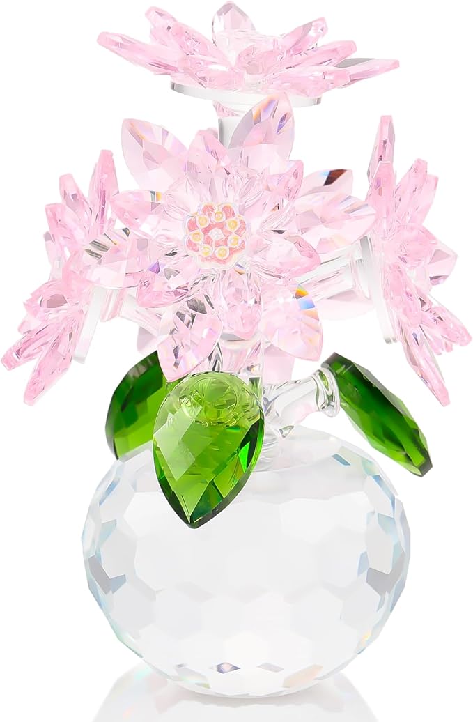 Enjinkail Handmade Crystal Daisy Figurine - Pink Glass Flowers Gifts for Women, Elegant Home Decor & Table Centerpiece