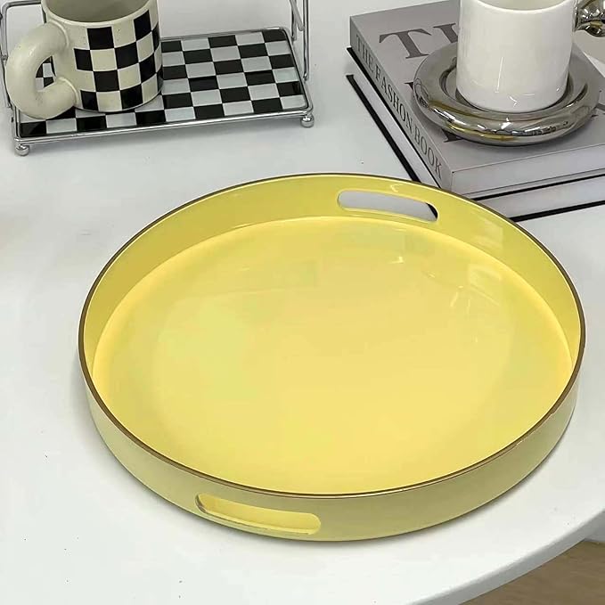 Zosenley Decorative Tray, Plastic Tray with Handles, Modern Vanity Tray and Serving Tray for Ottoman, Coffee Table, Kitchen and Bathroom, Size 13" (Light Yellow)