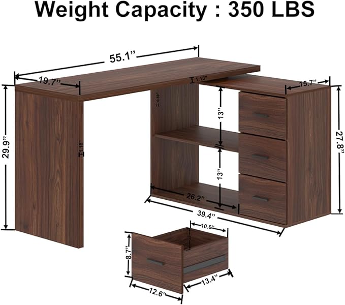 HSH 360 Rotating L Shaped Desk with Drawers, Walnut L Shape Computer Desk with Storage Cabinet Shelves, Rustic Home Office Desk for Executive Writing Study Work, Swivel Desk Wood Table, 55 Inch