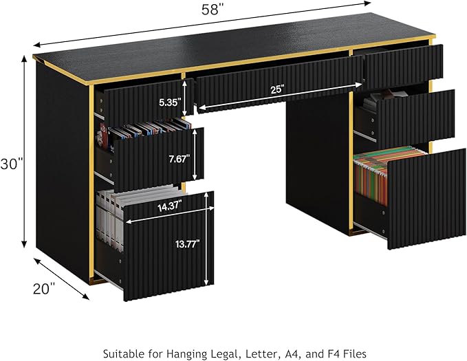 58 Inch Computer Desk with Drawers, Home Office Desk with File Drawers, Fluted Executive Desk with Storage for Study Writing, Living Room, Bedroom, Black and Gold