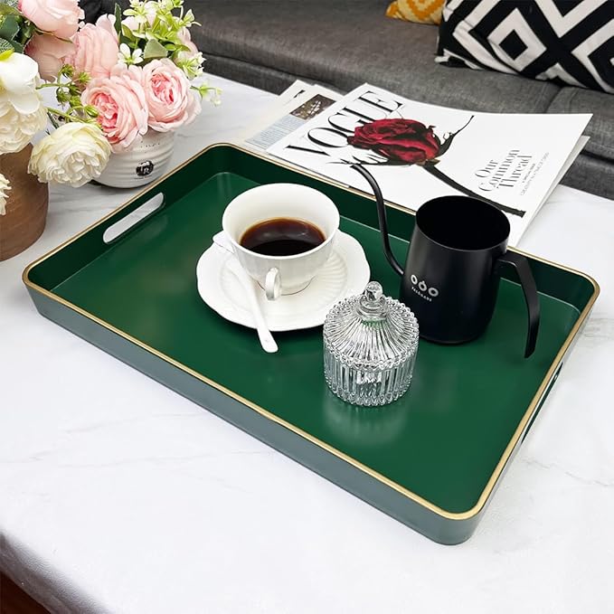 Rectangular Decorative Tray, Plastic Serving Trays with Handles, Coffee Table Tray for Ottoman, Living Room, Kitchen, Home Decor 15.7” x 10.2” x1.37”(Green)
