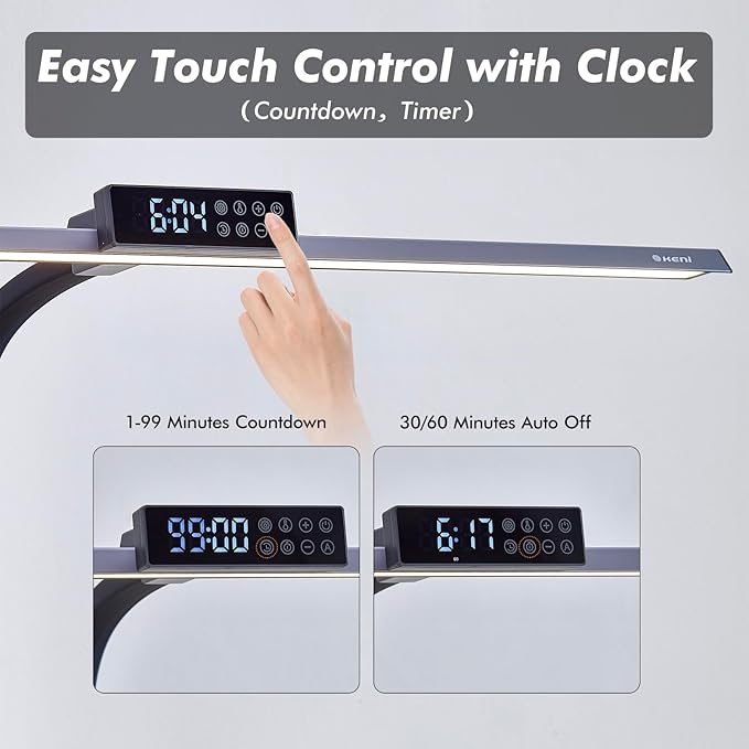 G Keni 3400 Lumen Architect Desk Lamp with Clock for Home Office, 31.5″W x 27″H, Ultra Bright Auto-Fill Brightness Desk Lamps with Timer, Gooseneck Touch LED Light for Work/Study/Read (Clamp)