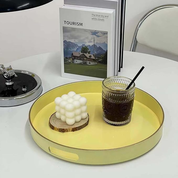 Zosenley Decorative Tray, Plastic Tray with Handles, Modern Vanity Tray and Serving Tray for Ottoman, Coffee Table, Kitchen and Bathroom, Size 13" (Light Yellow)