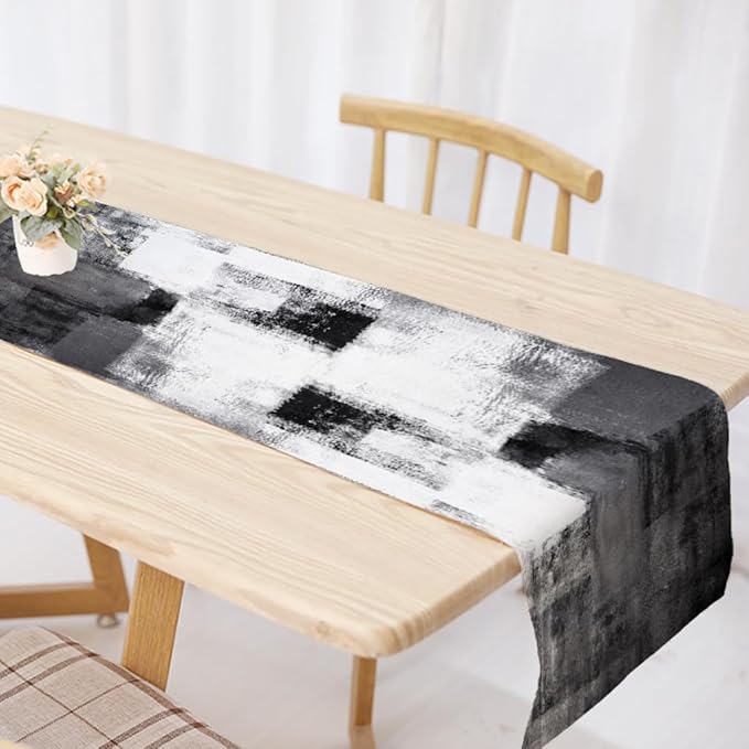 OYIMUA Dark Grey and White Abstract Modern Table Runner, Art Rustic Kitchen Dining Table Decor for Holiday Home Party 13x72 Inches