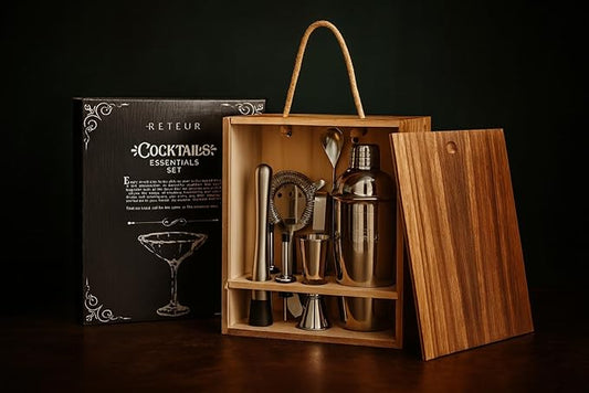 Cocktail Shaker Set RETEUR -10 Piece Bartender Kit with Rustic Wood Box -Bar Tool Set Stainless Steel - Home Cocktail Shaker Set- Bar Set, Essential and Excellent Gift., Silver