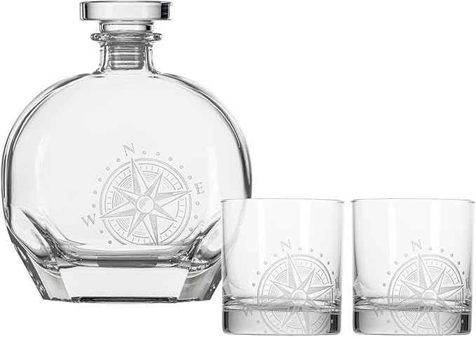 Rolf Glass Compass Star 23oz Whiskey Decanter and 2-10oz On the Rocks Glass 3pc Set | Perfect for Bourbon and Whiskey | Stylish Drinkware for Home Bar and Whiskey Lovers