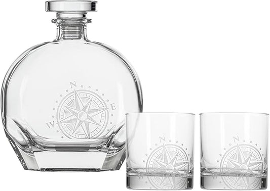 Rolf Glass Compass Star 23oz Whiskey Decanter and 2-10oz On the Rocks Glass 3pc Set | Perfect for Bourbon and Whiskey | Stylish Drinkware for Home Bar and Whiskey Lovers