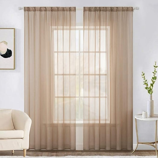 MIULEE 2 Panels Solid Color Sheer Window Curtains Elegant Window Voile Panels/Drapes/Treatment for Bedroom Living Room (54X72 Inches Brown)