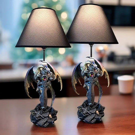 ICE ARMOR 2 Pack 24.5" Fantasy Collectible Dragon Statue Table Lamp Set Sword with Fabric Light Shade for Gothic and Medieval Décor (2PC-71792-Purple/Green)