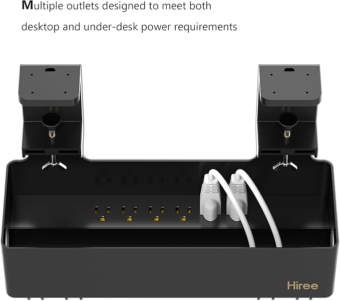 Under Desk Cable Management Tray with 6 AC Power Outlet and Clamp Mount, No Drill Cord Storage Organizers for Wire Management, Standing Desk , Computer Desk Accessories for Office & Home（Black）