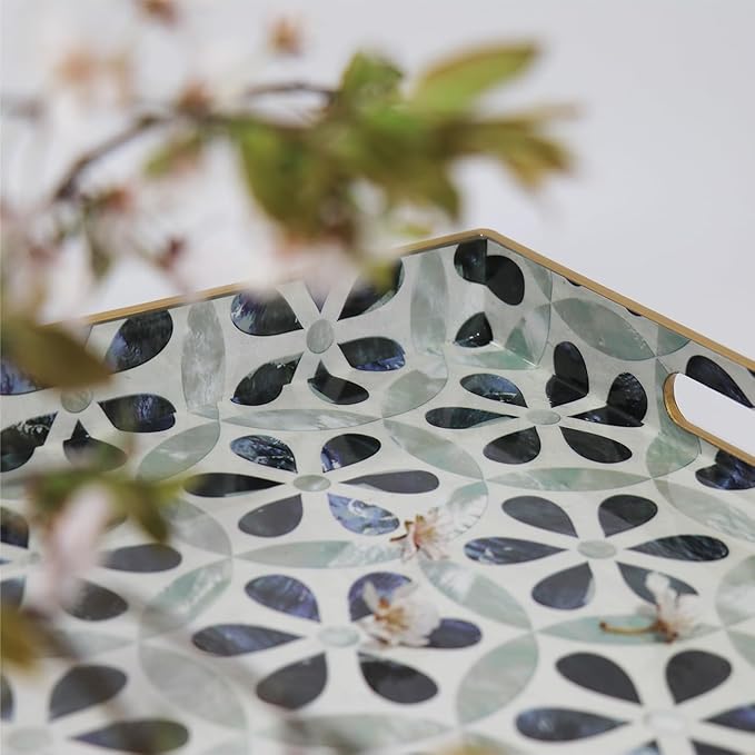 Boho Sturdy Acrylic Serving Tray with Handles, Rectangular for Coffee Table, Food, Breakfast - Kitchen Countertop, Ottoman - Plastic Decorative, 15.7" x 11.8"