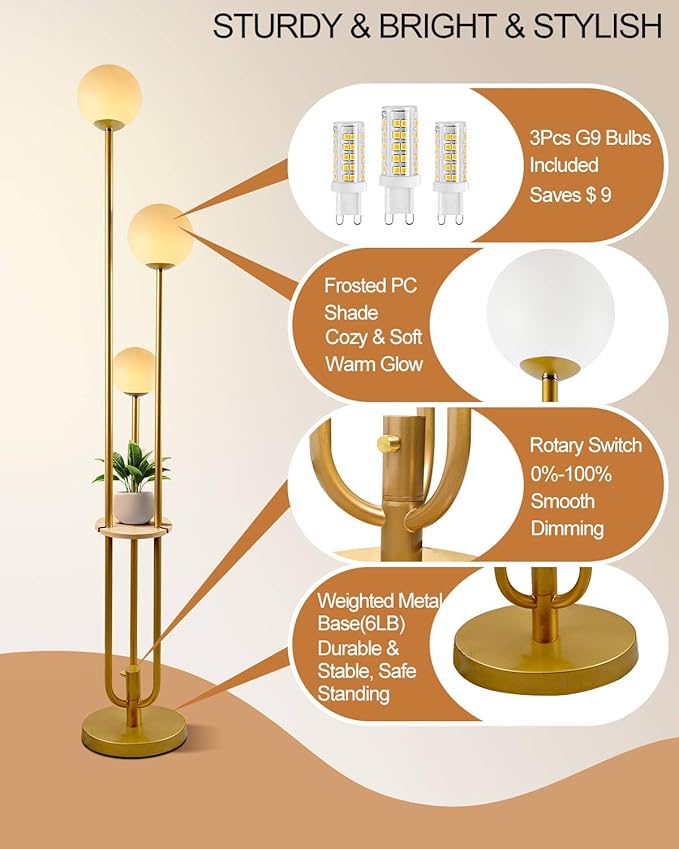 63IN Dimmable Floor Lamp with Shelf, Unique Globe Gold Tall Standing Lamps Candle Holder Style, 3000K Warmwhite Mid Century Modern Floor Lamp for Living Room Home Office(Bulbs Included)