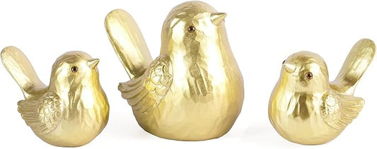 Small Bird Statue Home Decor - Gold Bird Figurines Decorative Ornaments for Living Room, Bedroom, Office Desktop, Cute Country Decor (Gold, 1B & 2S)