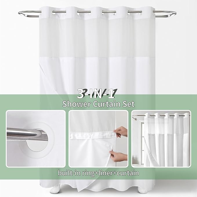 Extra Long No Hook Shower Curtain with Snap-in Fabric Liner Set,Slub Textured Fabric Shower Curtains for Bathroom,Hotel Style Modern Shower Curtain,Water Repellent & Washable,71x98(96),White