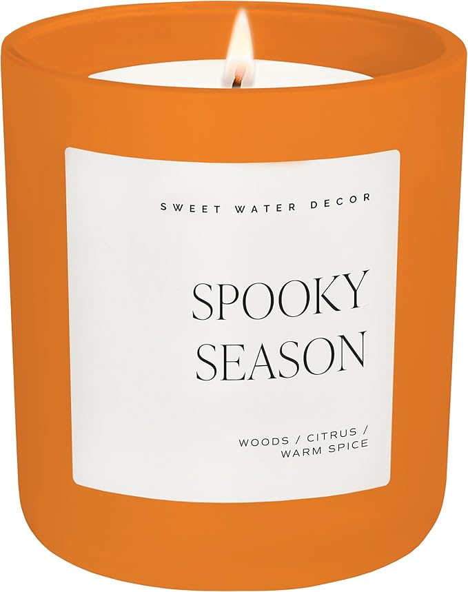 Sweet Water Decor Spooky Season Orange Scented Candle - Halloween Candles with Woods Warm Spice & Citrus Scent - 100% Cotton Wick Decorative Candles with 40 Hour Burn Time - 15oz Orange Jar Candle