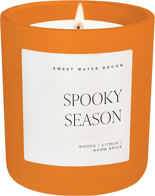 Sweet Water Decor Spooky Season Orange Scented Candle - Halloween Candles with Woods Warm Spice & Citrus Scent - 100% Cotton Wick Decorative Candles with 40 Hour Burn Time - 15oz Orange Jar Candle