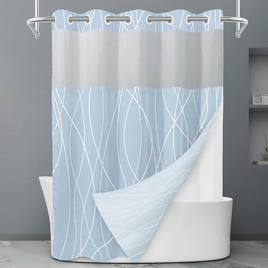 No Hook Light Blue Striped Shower Curtain with Snap in Liner Set - Hotel Shower Curtain and Liner Set with See Through Mesh Top Window,Machine Washable, 71x74 INCH